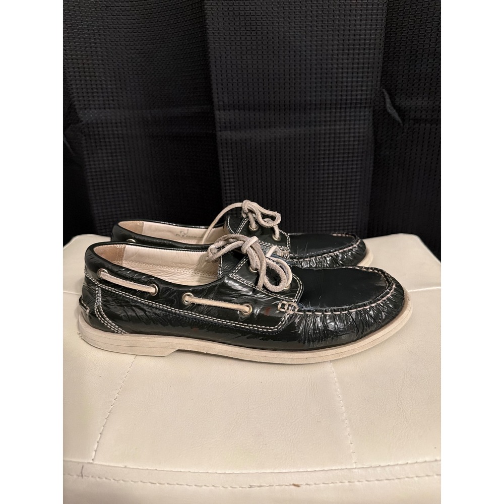 Cole Haan Womens Deep Navy Patent Crinkle Leather Boat Shoes Moc Toe Flats